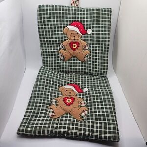 Vintage Christmas Teddy Bear Quilted Pot Holders Set Green Plaid Holiday Kitchen